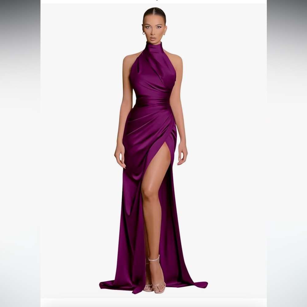 Long Satin Prom/ Formal Party Dress with Slit/ Lace up back